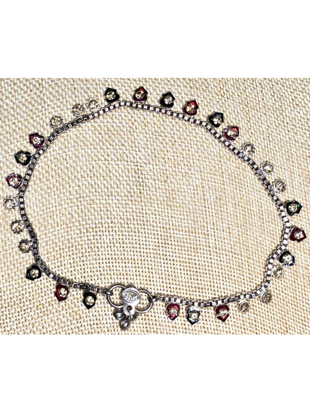 Tribal Anklet Payal 10 inch Boho Red Green w Rhinestones